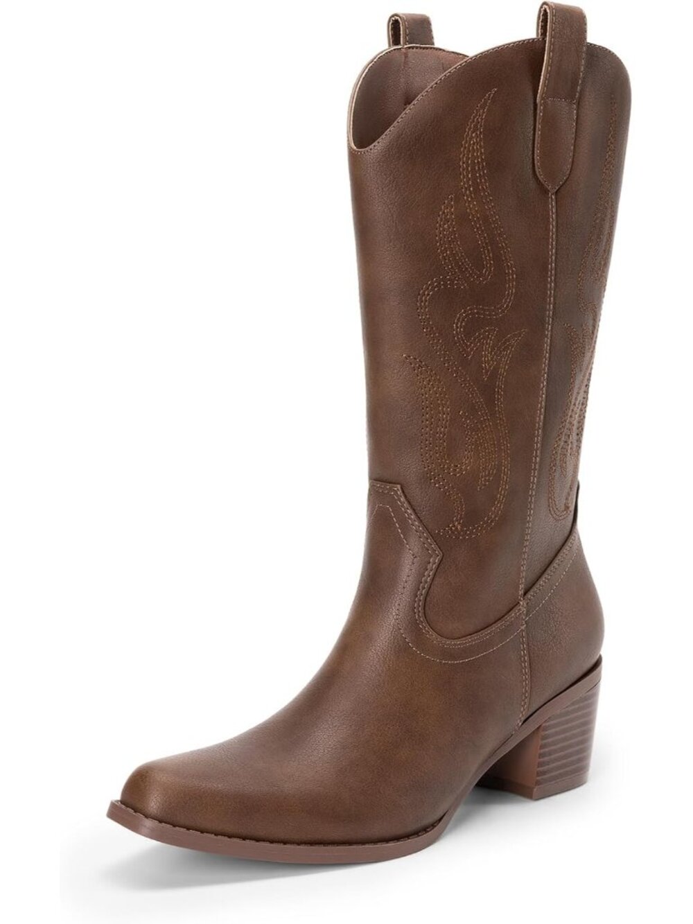 Women's Brown Faux Leather Comfort Square Toe Mid Calf Western Cowgirl Boots